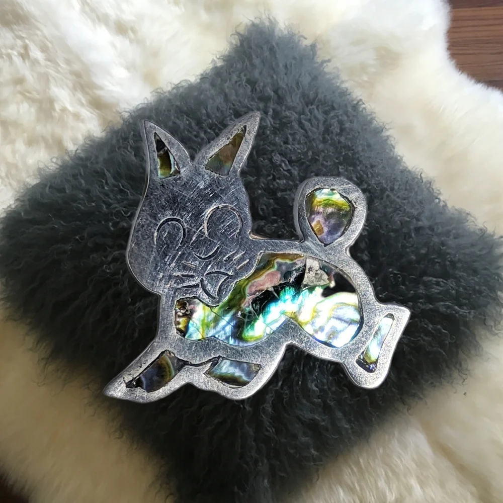 Rabbit Sterling Silver Brooch with Abalon Accents